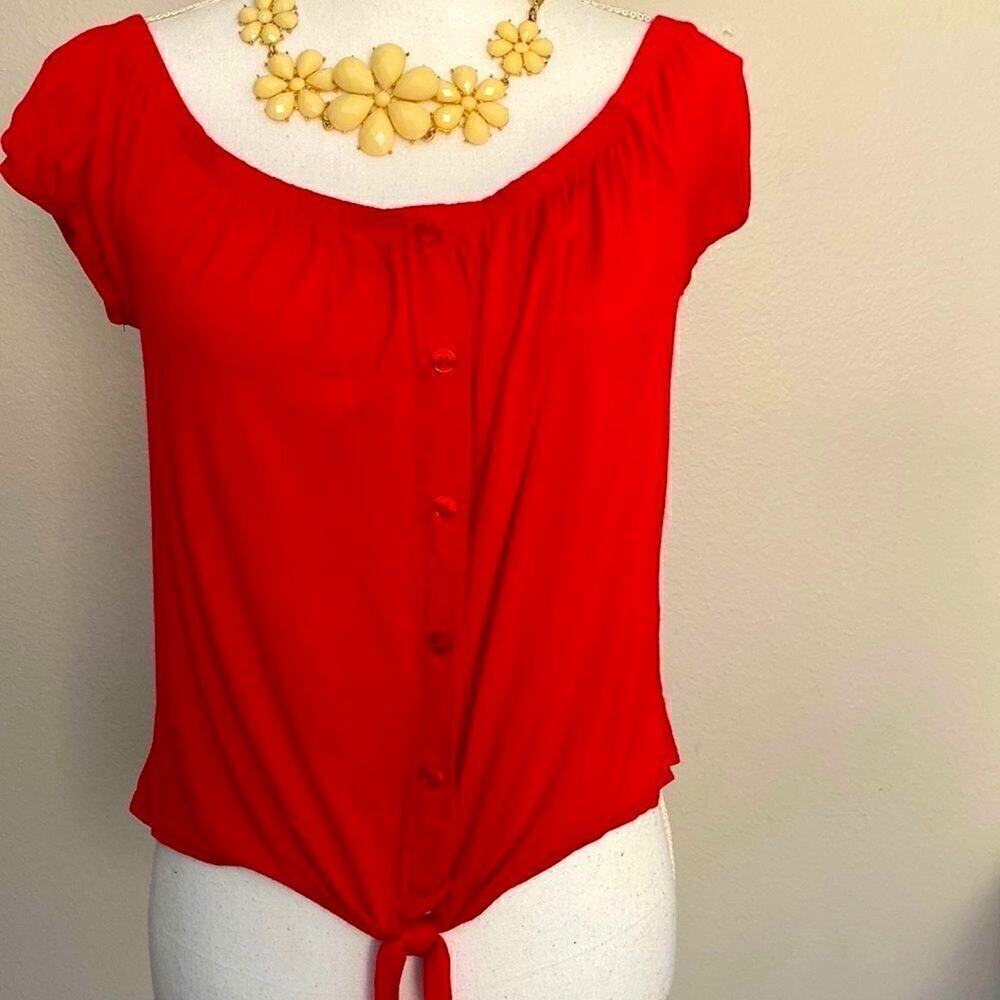 Sky and Sparrow Button Down Crop Top with Waist Tie in Red M On Off Shoulder